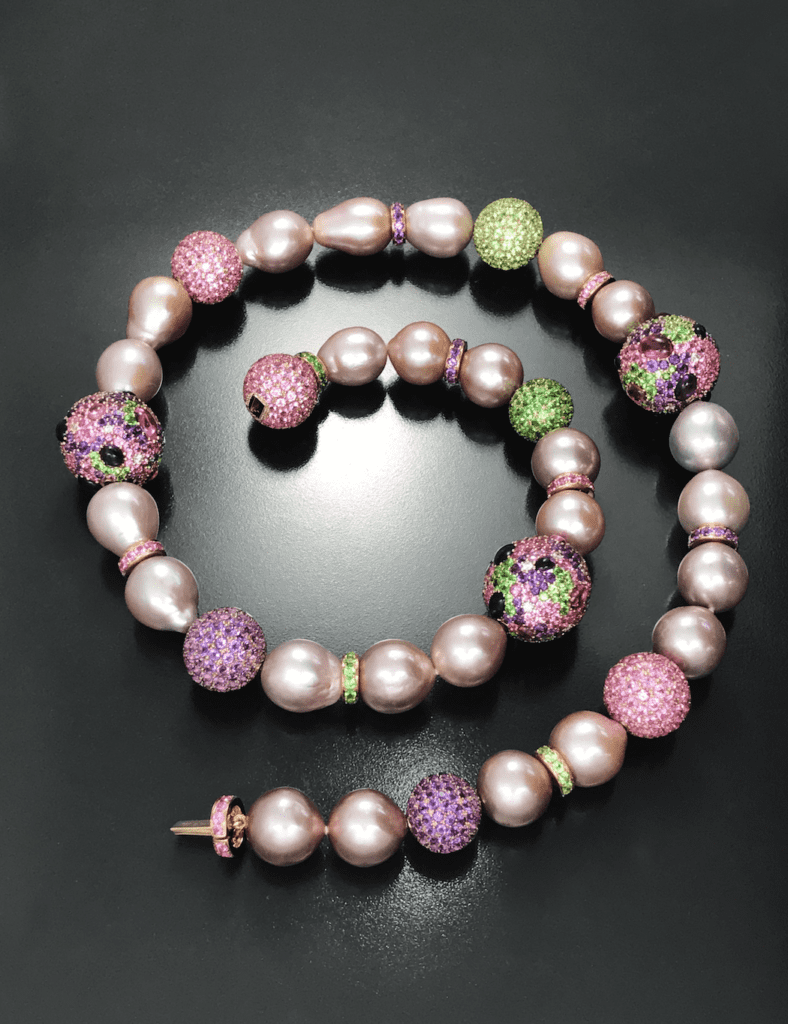Natural coloured pink pearl necklace with multi coloured gemstone balls and rondelles in 18 karat yellow gold