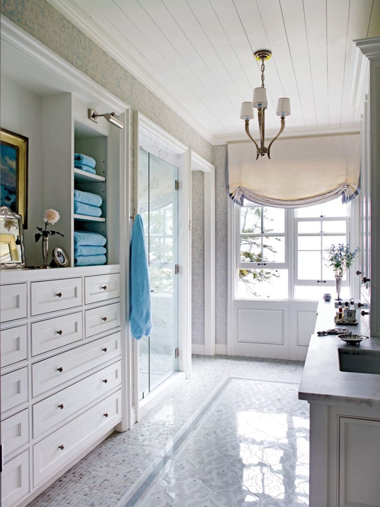 Bright and full of light, the master bedroom and bath has a completely different aesthetic from the rest of the house. A project from Suzanne Kasler: Sophisticated Simplicity. Photo by William Waldron.