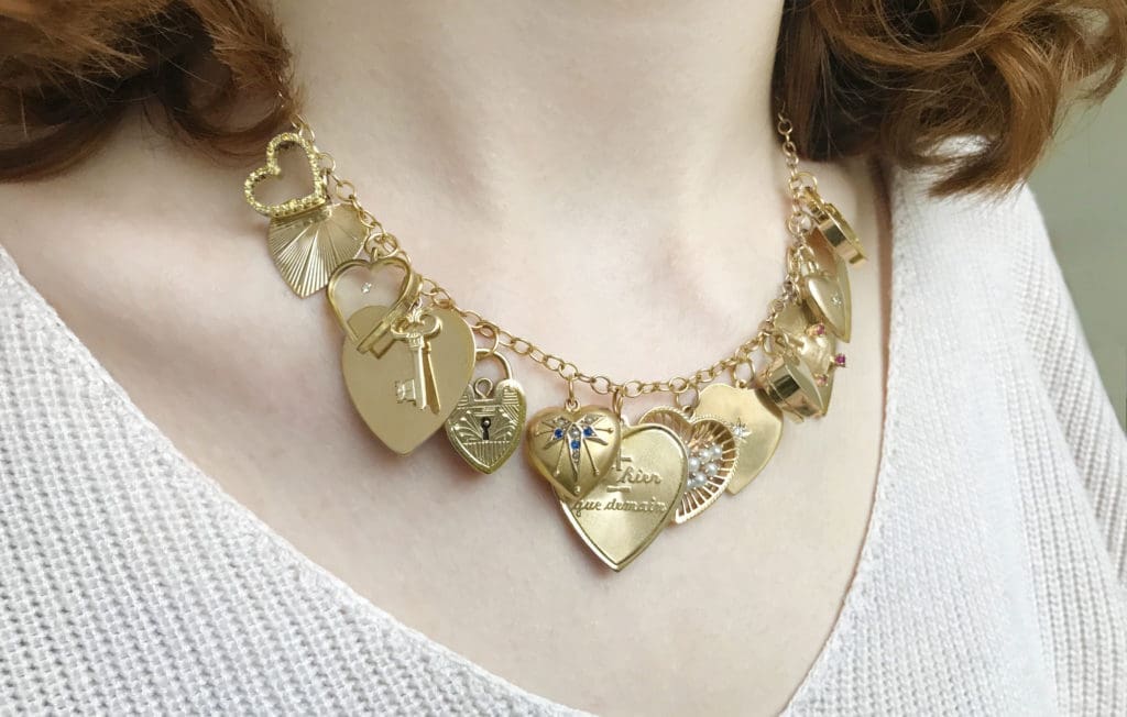 A Valentine’s Day inspired necklace with a selection of vintage and new charms
