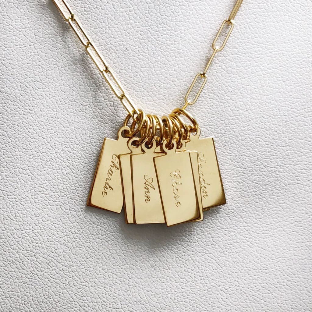 A group gift example: engraved tag charms on the Harper chain
