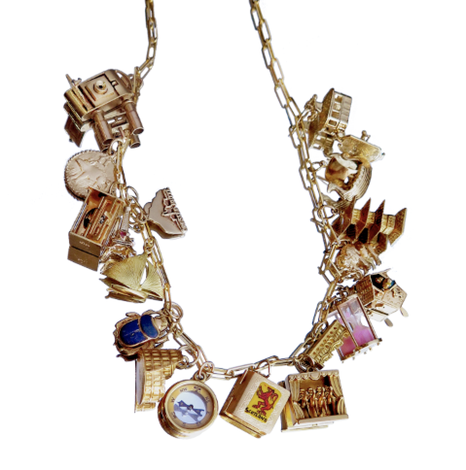 A travel-inspired charm necklace with a selection of vintage and new charms