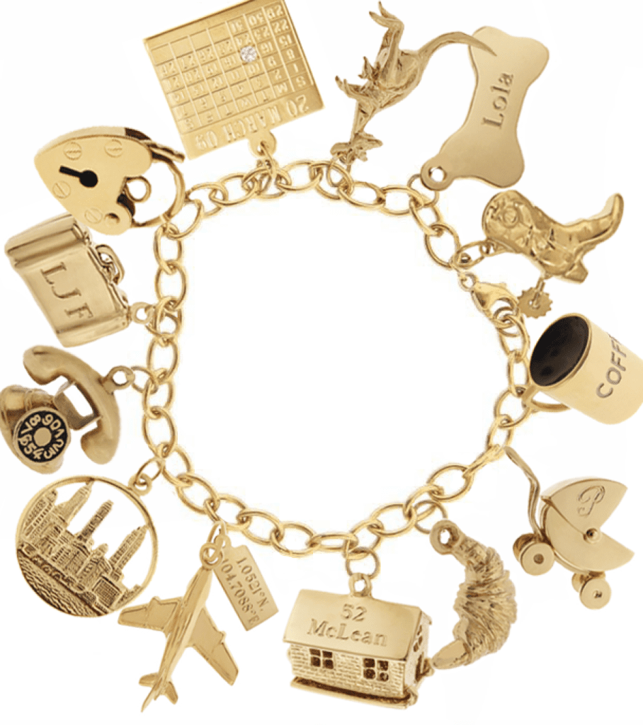 A bracelet displaying a selection of custom-engraved charms