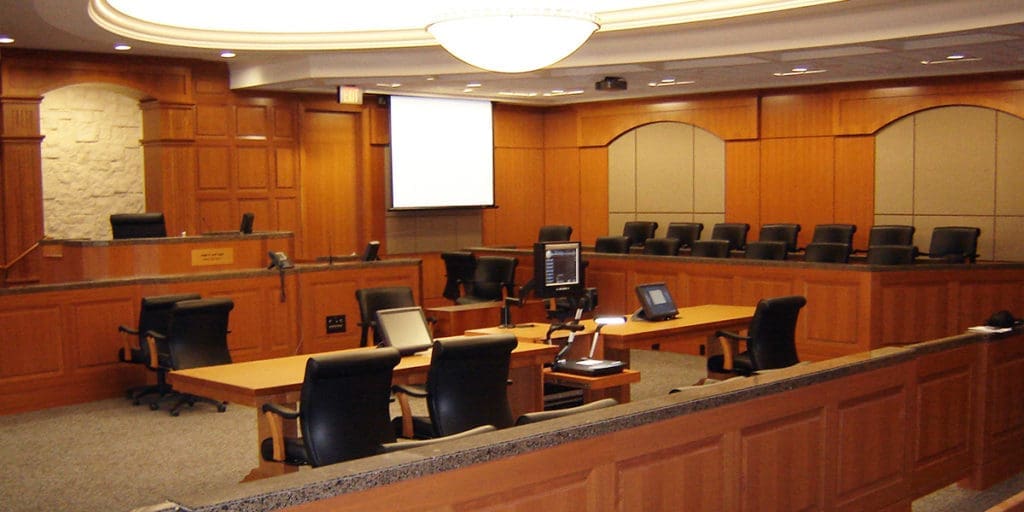 Harris County Civil Justice Center, designed by PGAL. OFI installed Kimball, Krueger International, and Krug in the 20-story courthouse building.