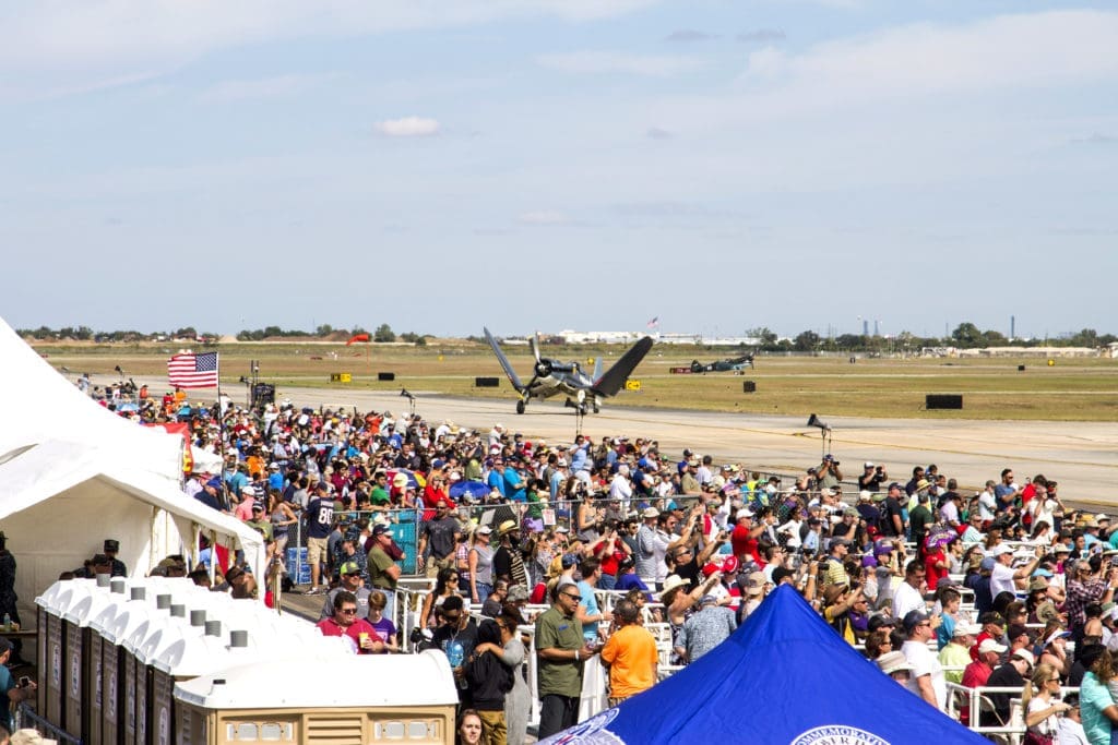 The world-famous U.S. Navy Blue Angels streak the sky at Wings Over Houston. 