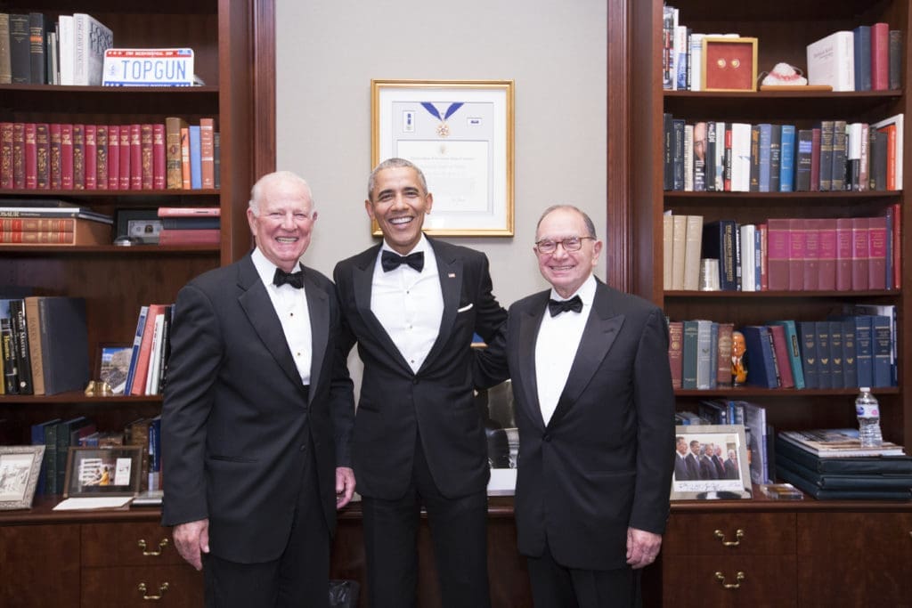 James A. Baker III, former President Barack Obama, Edward Djerejian at the 25th anniversary of Rice University's Baker Institute for Public Policy in 2018.