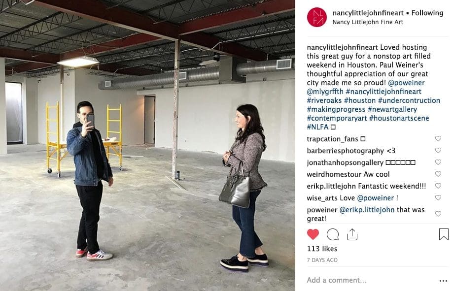 Nancy Littlejohn Fine Art under construction. The gallery reopens after a decade-plus hiatus, roaring into River Oaks, Saturday, January 19. It neighbors design destination Found, at 3465 B West Alabama. (Photo via Instagram @nancylittlejohnfineart)