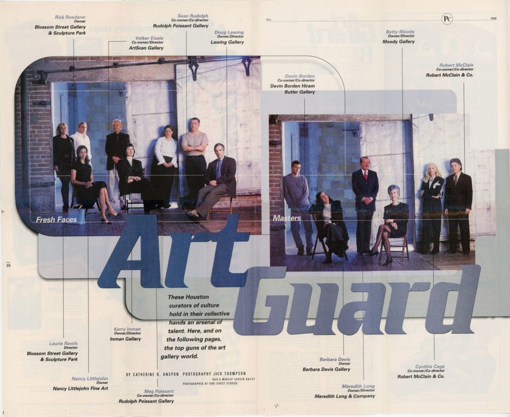 In the May 1999 issue, PaperCity featured Nancy Littlejohn in "Art Guard," a story about Houston's old guard and new guard dealers. The gallerist is shown seated, upper left. 