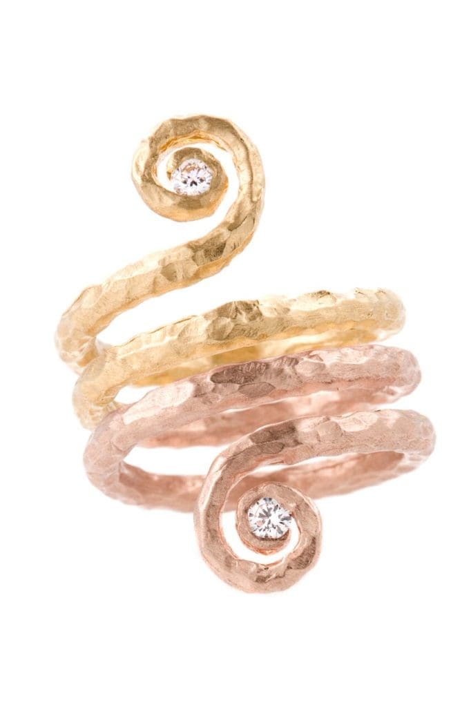 Pamela Froman's signature is 18 karat yellow, pink and green gold and textured crushed surfaces. 