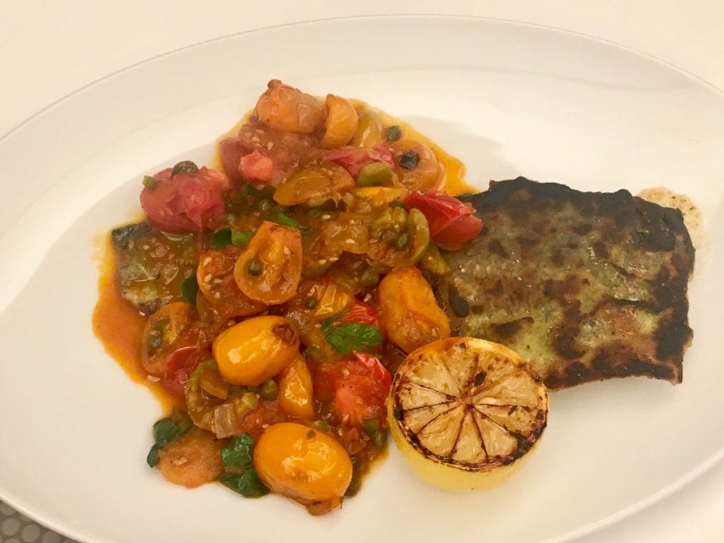 The Ruby Trout comes with salsa Veracruz, jalapeño, olives, capers and soft cooked onions. 