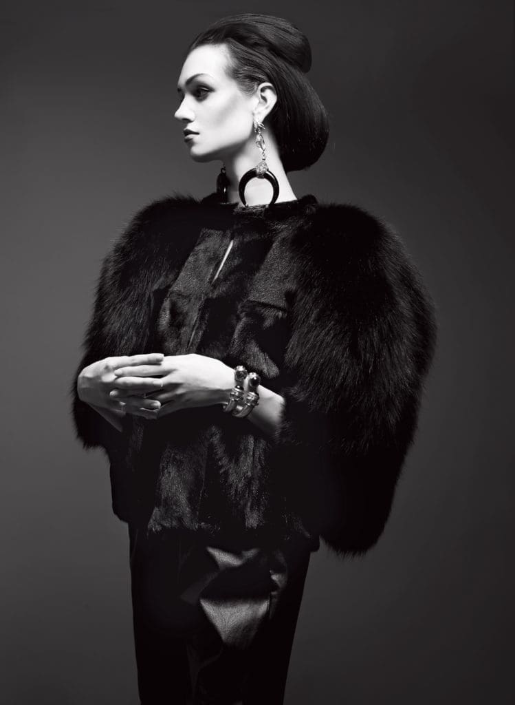 Ángel Sánchez coat, at angelsanchezusa.com. Louis Vuitton dress, at the Louis Vuitton boutique. Fernando Rodriguez earrings. Elisheva & Constance ring, at elisheva.constance.com. Julie Vos cuffs in amethyst and onyx $345, at À Bientôt, Elizabeth Anthony.