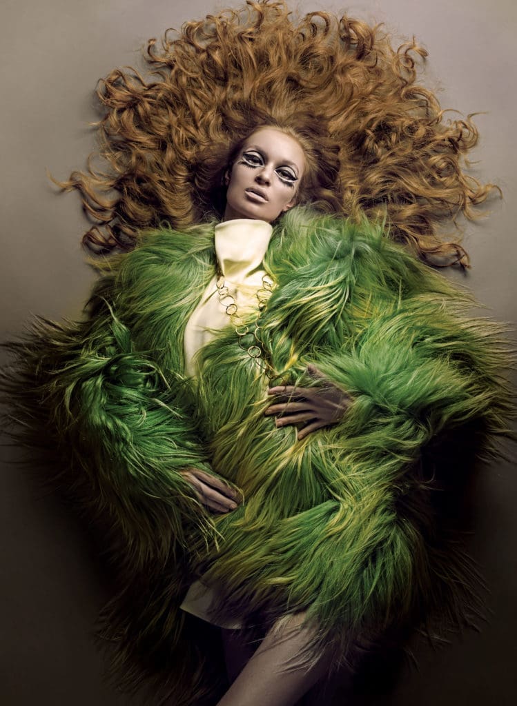 D.V. sent Veruschka to Japan with Richard Avedon and Polly Mellen for a shoot that would become a photographic legend: “The Great Fur Caravan,” where hairstylist Ara Gallant creates a wig eight feet long. Vreeland’s response when she sees the wig is, “I want 20 feet!” 1966.