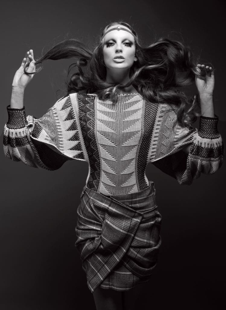 Louis Vuitton jacquard knit top $1,600, and skirt $2,530, both at the Louis Vuitton boutique.
