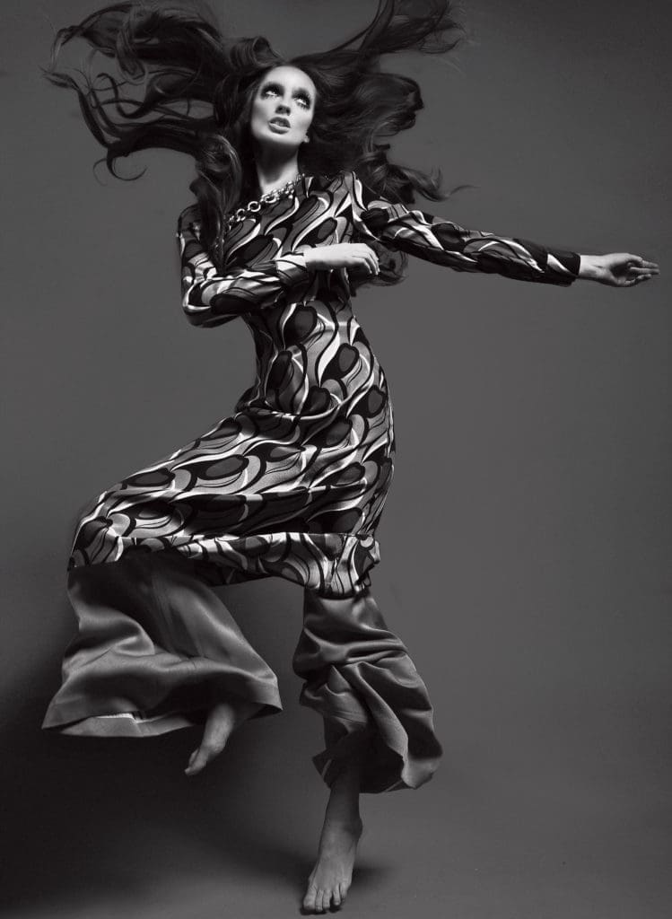 Rochas midi dress $1,405, at Kick Pleat. Ellery pant $795, at Kick Pleat. AV Max Cristiana necklace $118, at À Bientôt.