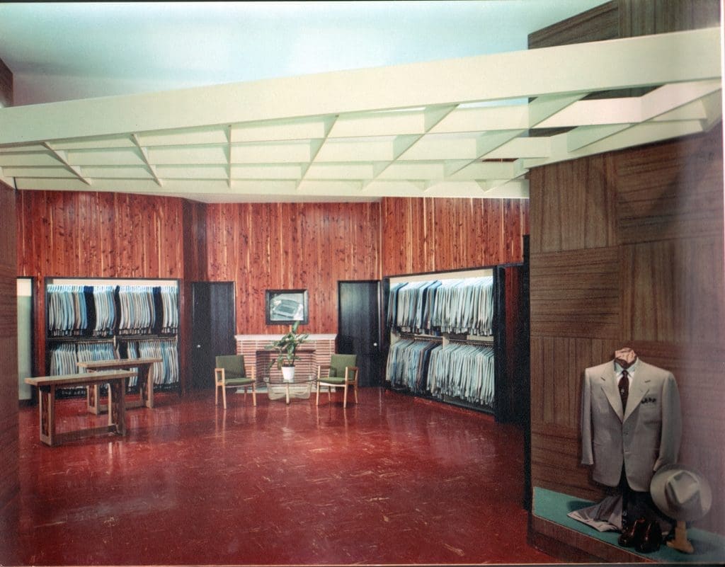 The Mad Men-era Men's Department made an impact with its dramatic pecky cypress walls milled from Louisiana. (Courtesy the Brochsteins Inc. archive)
