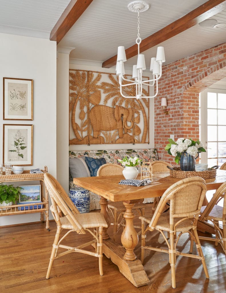 When redecorating her breakfast room, Berry chose chairs and a bar cart by Serena & Lily to complement her antique wicker screen by Mario Lopez Torres