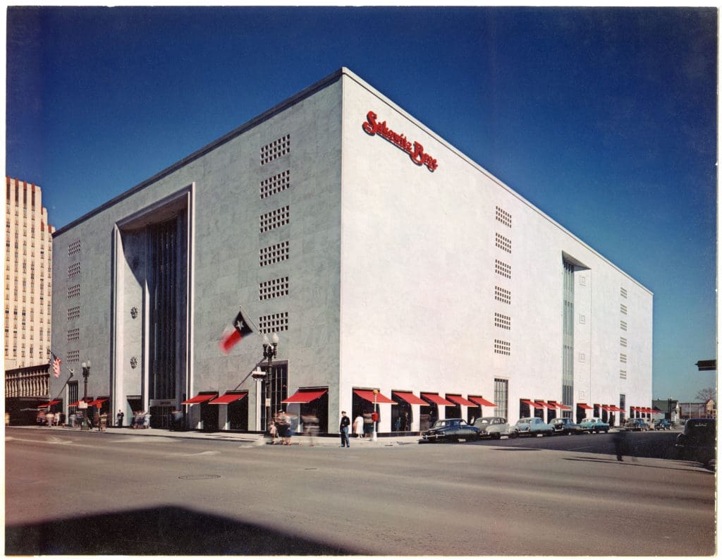 Sakowitz Bros.' third Houston location — and its most luxurious —  heralded a new age of retail in town. The Alfred C. Finn-designed building, unveiled 1951, still stands, but is a parking garage now. (Courtesy Houston Metropolitan Research Center, Houston Public Library, Alfred C. Finn Collection, MSS0019-1538)