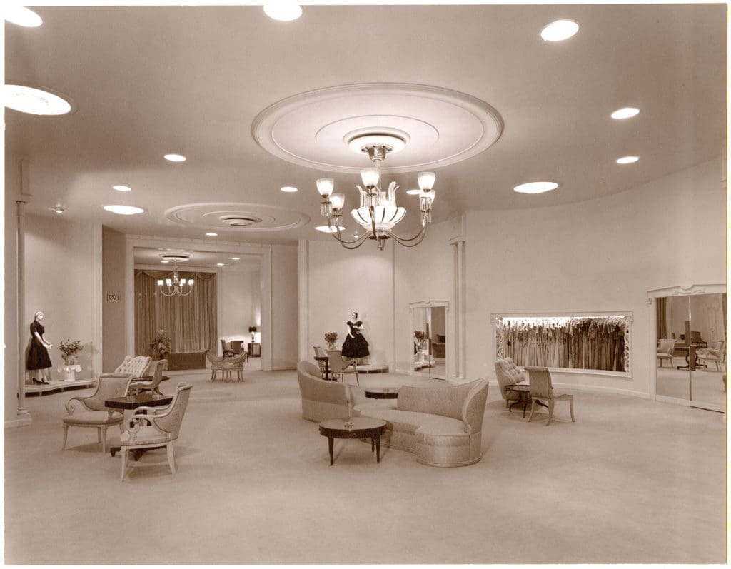 Women's ready-to-wear, with its beautiful frocks displayed in elegant wall niches, offered a very different retail experience from the crammed racks of today's merchandising. (Courtesy Houston Metropolitan Research Center, Houston Public Library, Alfred C. Finn Collection, MSS0019-1581)