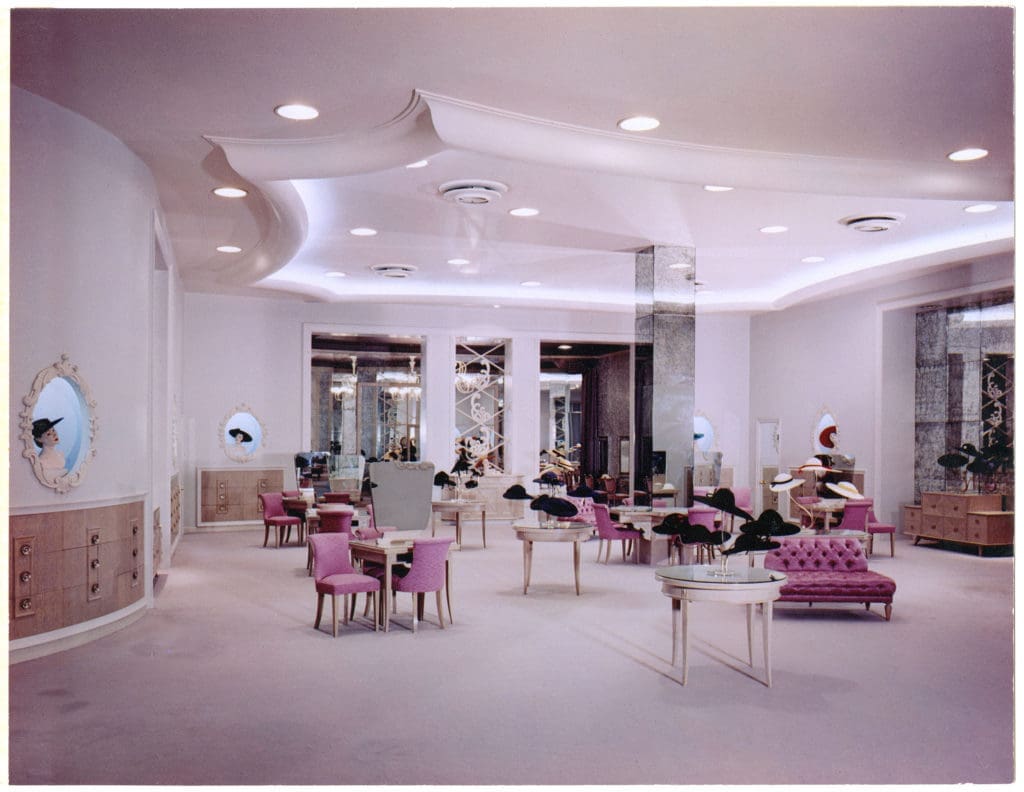 Architect Alfred C. Finn designed Sakowitz’s Art Moderne temple of fashion, which was the foremost department store in post-World War II Houston when it opened in 1951. Brochsteins was tapped to create the lavish, understated interiors accented by expensive, often rare, hardwoods (as shown in this photo of the Millinery Department). (Courtesy Houston Metropolitan Research Center, Houston Public Library, Alfred C. Finn Collection, MSS0019-1578)