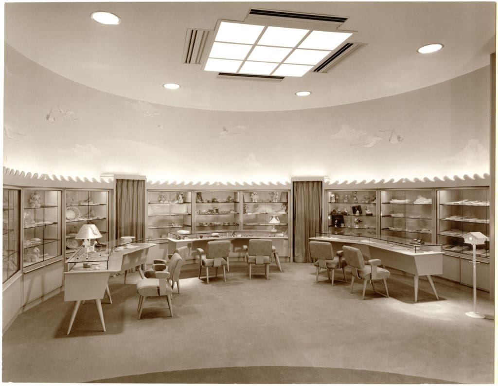 The Layette Department was stocked with curated gifts and furnishings for newborns and their nurseries. The hand-painted mural displays storks ferrying bambino cargo. (Courtesy Houston Metropolitan Research Center, Houston Public Library, Alfred C. Finn Collection, MSS0019-1567)