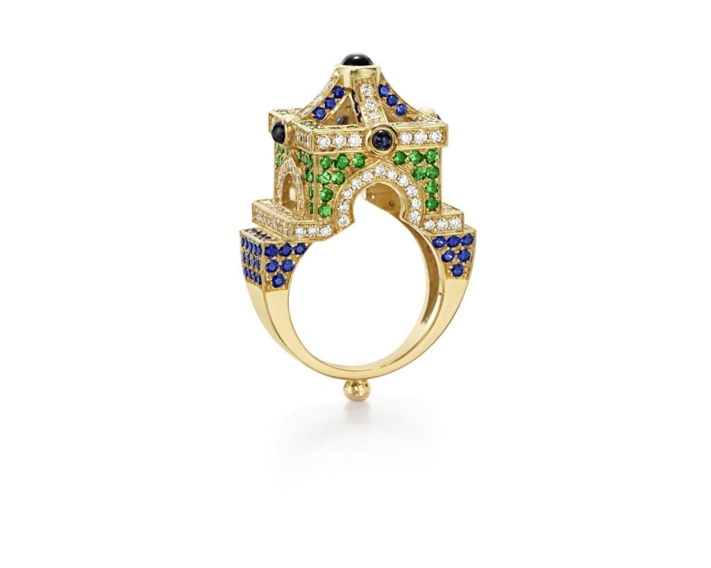 18K Stupa Ring with Blue Sapphire, Tsavorite, and Diamond