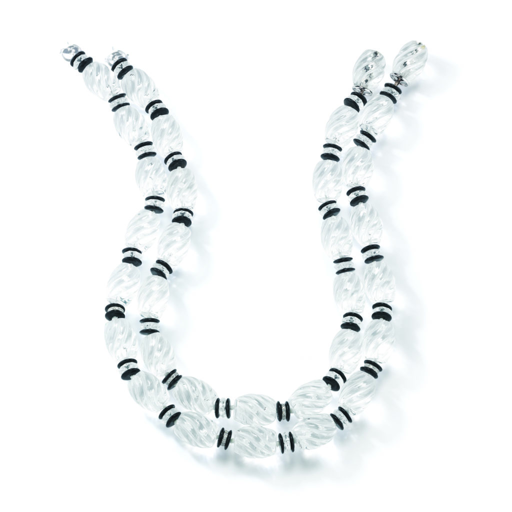 Seaman Schepps Torchon necklaces in 18k white gold with carved rock crystal, black onyz, and diamonds, $4,500, at Tenenbaum Jewelers