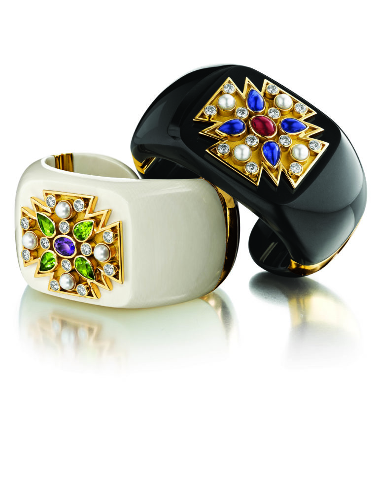 Verdura black jade Maltese cross cuff $56,500, and Cocholong Maltese cross cuff $58,500, at Neiman Marcus