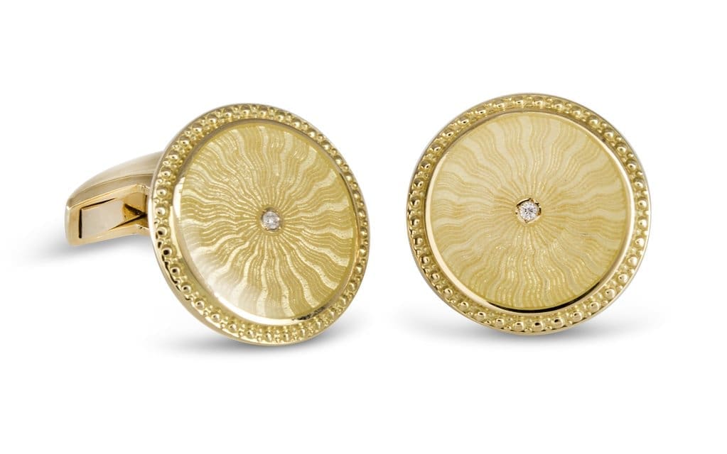 Deakin & Francis Yellow gold round cufflinks with hand enameled center and diamond accent, $4,600