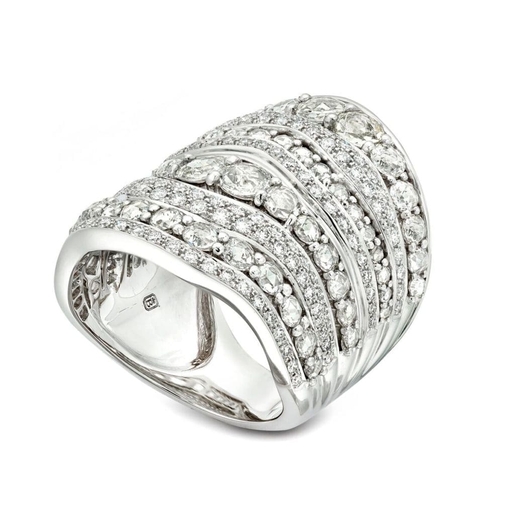 This Bohemian Ring with alternating rows of round and rose cut diamonds in 18K white gold radiates beauty, also available in yellow and rose gold. (3.36 ctw. diamonds, $15,450) 