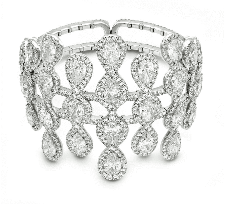 High Jewelry Diamond Cuff with pear shaped GIA-certified diamonds, price on request. 