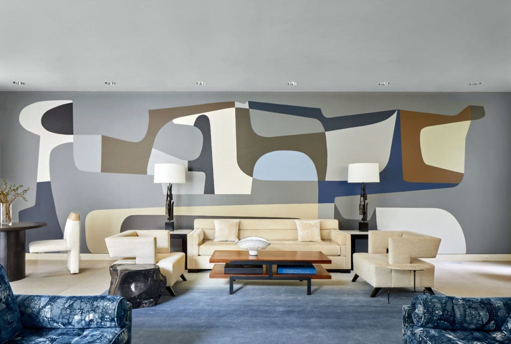 A custom wall mural by John-Paul Philippe for the living room of a Dallas house by architect Bud Oglesby.   (Photo by Nikolas Koenig)