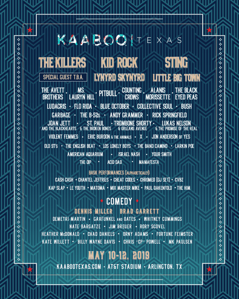 The lineup for KAABOO Texas, a music and comedy festival in Arlington. 