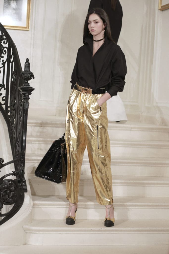 Ralph Lauren black broadcloth long-sleeve shirt, gold laminated poplin pant.
 Photo by  (Photo by Courtesy of Ralph Lauren)