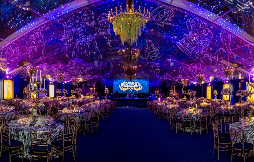 With Wortham Theater Center closed due to Harvey flooding the 2019 Houston Ballet Ball was held in a party tent at the Center for Dance where the decorative theme was 'Heroes, Gods and Stars.' Note constellations overhead. (Photo by Wilson Parish)