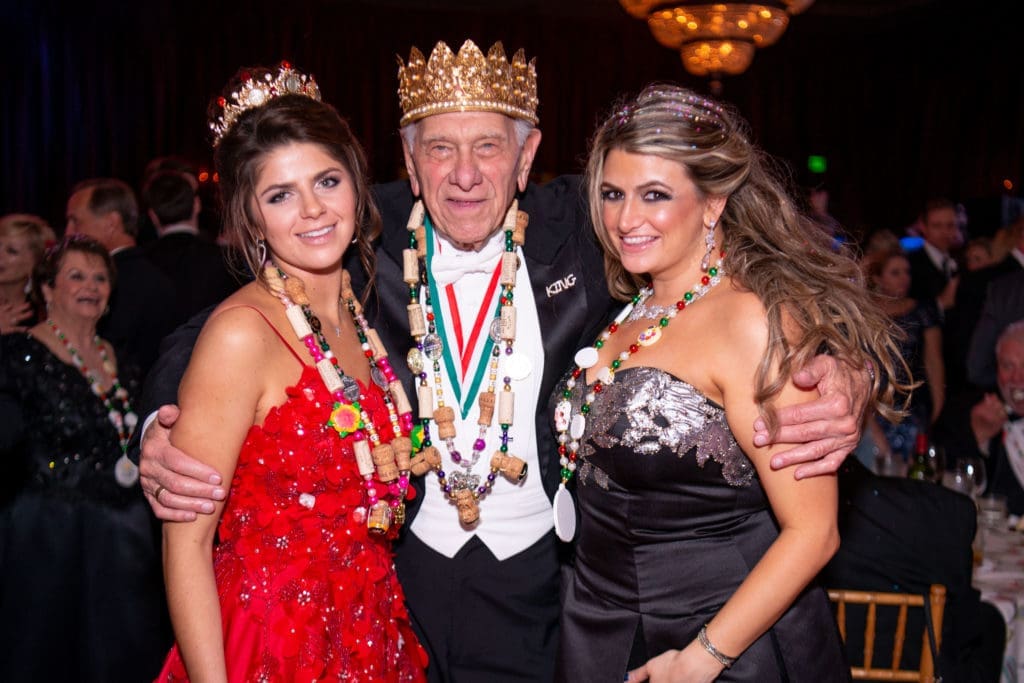 Knights of Momus Queen Blayne Fertitta, King Frivolous Vic Fertitta, Kelli Fertitta-Woods celebrate the Knights of Momus Fiesta de Momus at The Grand 1894 Opera House in Galveston. (Photo by Michelle Watson/CatchlightGroup.com)