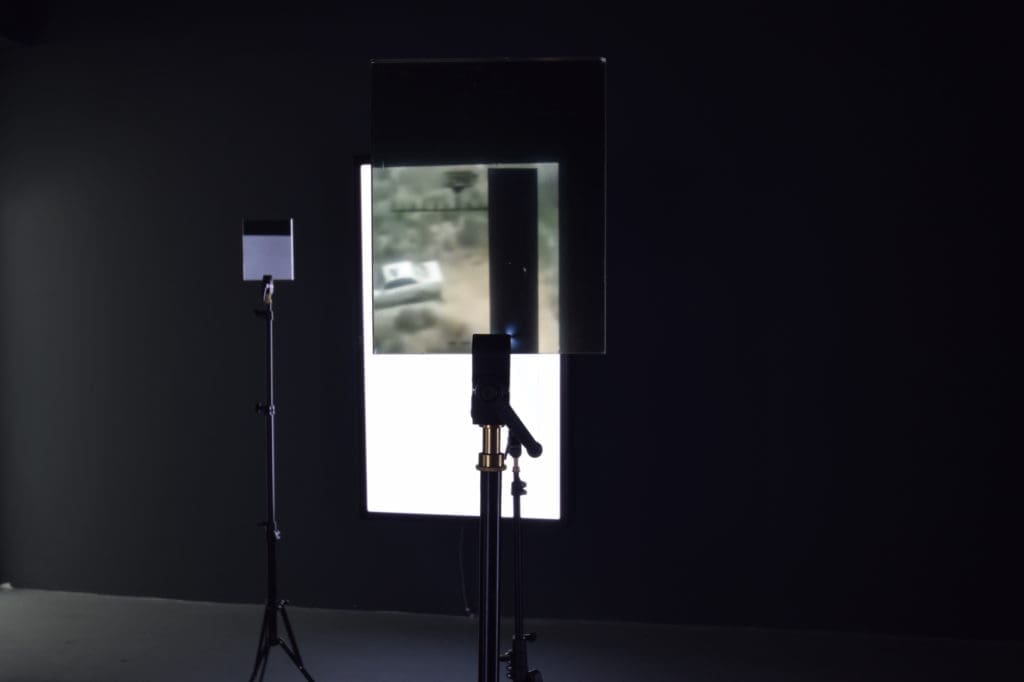 Emmanuel Van der Auwera, Video Sculpture XII (Everything now is measured by after), 2016, 
Triptych of LCD Screens with 8 tripods and plexiglass of varying dimensions, Installation view at BIP- Biennale de l'Image Possible, 2016
