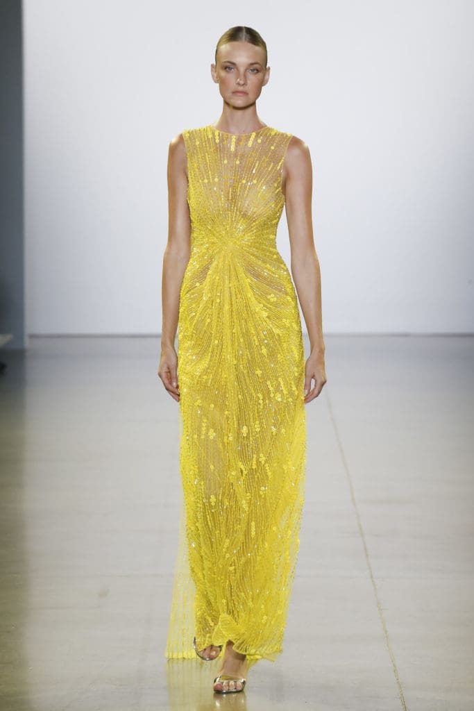 Cong Tri led off his first New York runway show with a glittery yellow gown. Actress Kate Bosworth wore the gown to the Vanity Fair Oscar party. (Photo by Cong Tri)