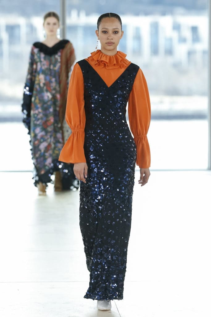Tory Burch blue sequined chiffon dress, orange crepe de chine top (Photo by Tory Burch)
