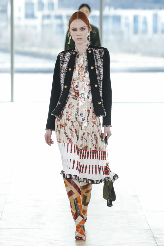Tory Burch tweed and ponte knit jacket, mountain paisley print chiffon top and crepe de shine skirt (Photo by Tory Burch)