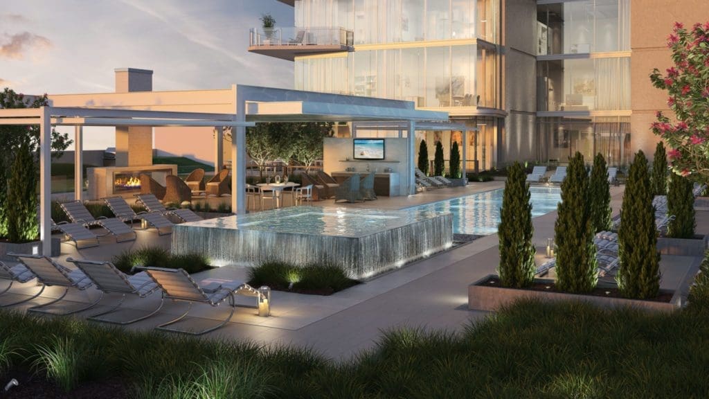 Windrose Tower offers amenities such as an amenity deck with a pool, cabanas, and grills. 