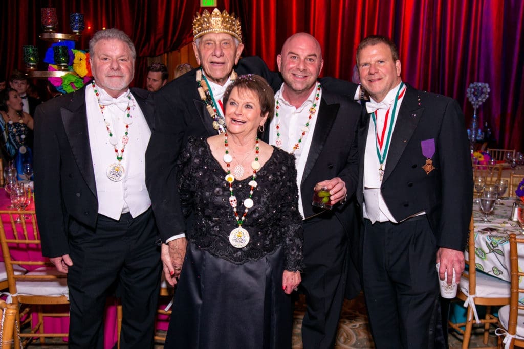 Jay Fertitta, Vic Fertitta, Joy Fertitta, Todd Fertitta, Tilman Fertitta celebrate the Knights of Momus Fiesta de Momus at The Grand 1894 Opera House in Galveston. (Photo by Michelle Watson/CatchlightGroup.com)