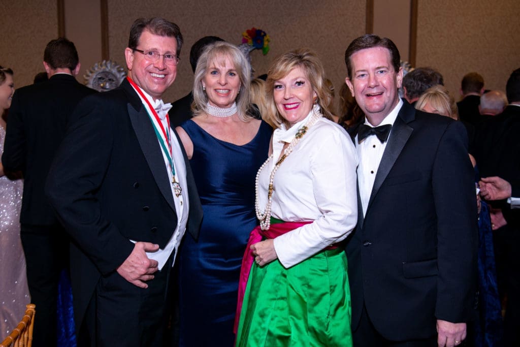 Mike & Bethany McCann, Kathryn & Jeff Smith celebrate the Knights of Momus Fiesta de Momus at The Grand 1894 Opera House in Galveston. (Photo by Michelle Watson/CatchlightGroup.com)