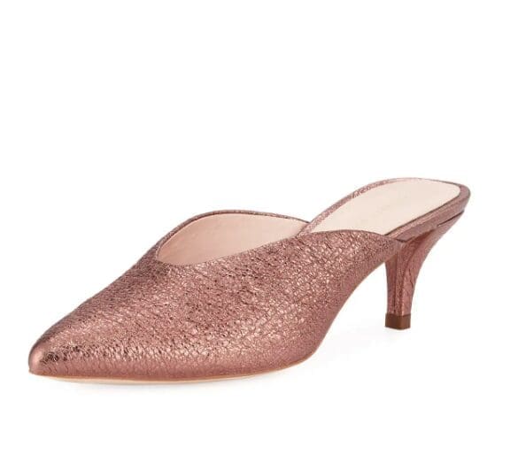 Loeffler Randall, Juno metallic kitten-heel mule slide, $350, available at Neiman Marcus NorthPark Center Dallas and Neimanmarcus.com