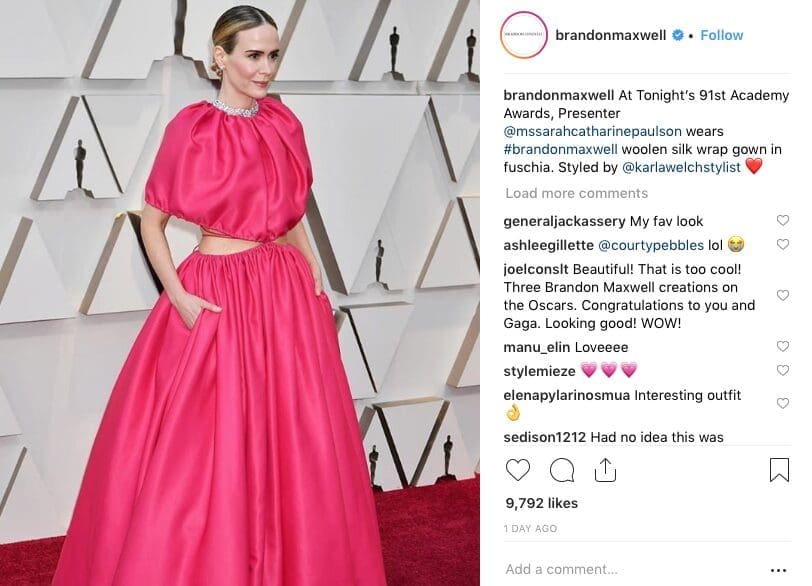 Brandon Maxwell's Instagram post on Sarah Paulson's red carpet gown at the Oscars.
