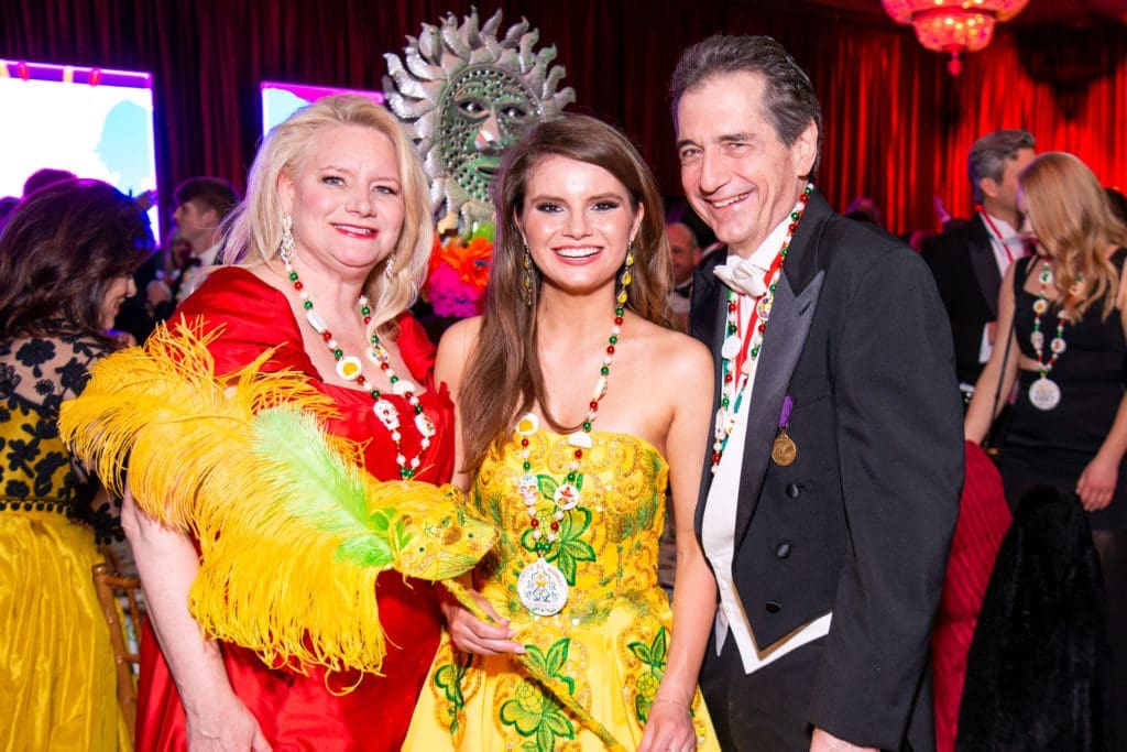 The Perugini family — Stephanie, Duchess Danielle and Dan —  celebrate the Knights of Momus Fiesta de Momus at The Grand 1894 Opera House in Galveston. (Photo by Michelle Watson/CatchlightGroup.com)
