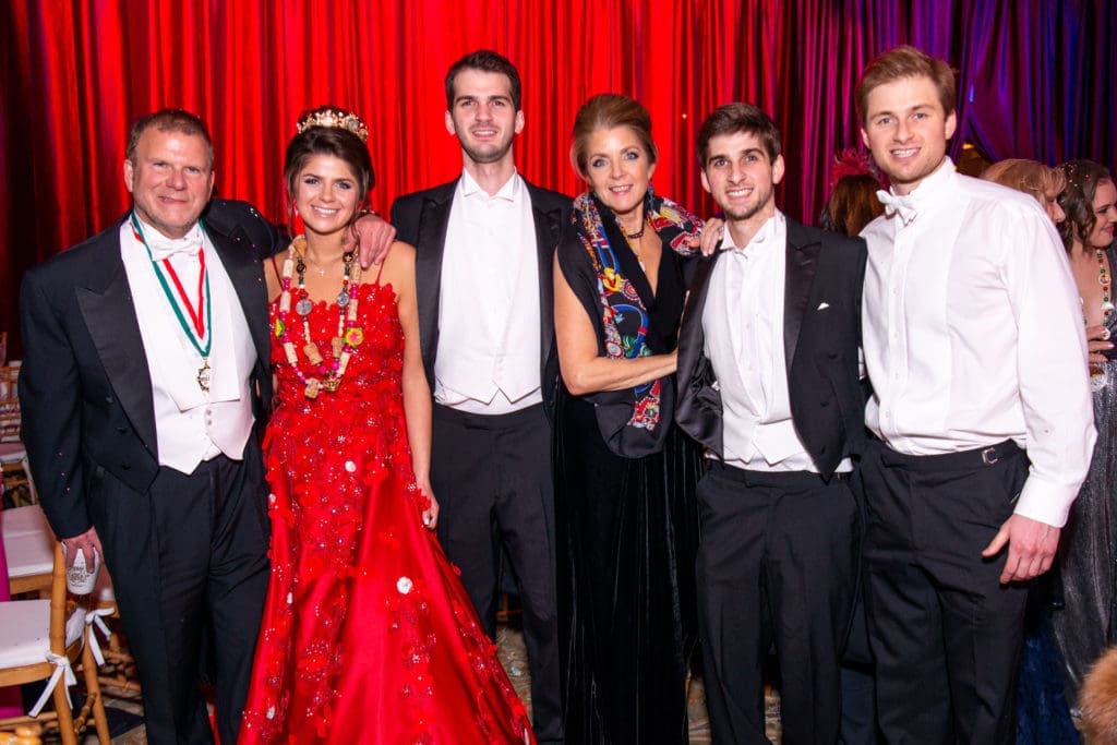The Tilman Feritta family — Tilman, Blayne, Michael, Paige, Blake, Patrick —  celebrate the Knights of Momus Fiesta de Momus at The Grand 1894 Opera House in Galveston. (Photo by Michelle Watson/CatchlightGroup.com)