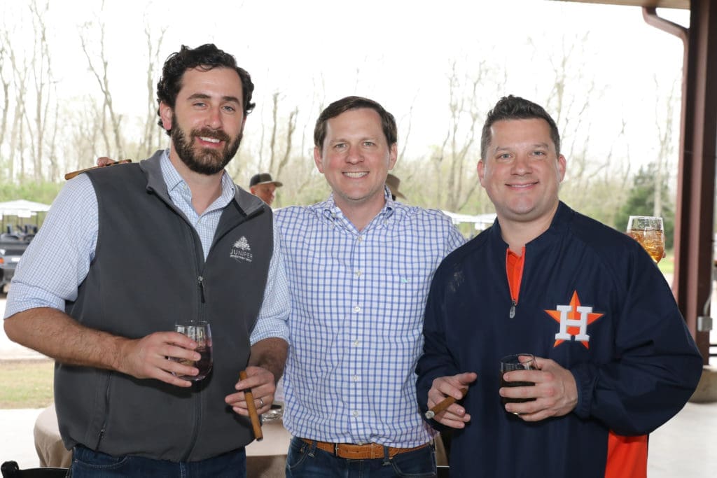 Seth Borland, Parker Meeks, Evan Meeks at the Alley Theatre Sporting Clays Competition at the Greater Houston Sports Club. (Photo by Priscilla Dickson)