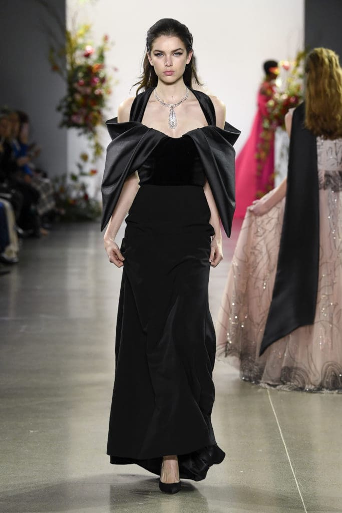  Bibhu Mohapatra black velvet and crepe column gown with silk barathea draped petal shoulders (Photo by Bibhu Mohapatra)