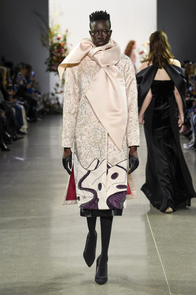 Bibhu Mohapatra Goa landscape Preciosa embroidered double satin evening coat with tie collar (Photo by Bibhu Mohapatra)