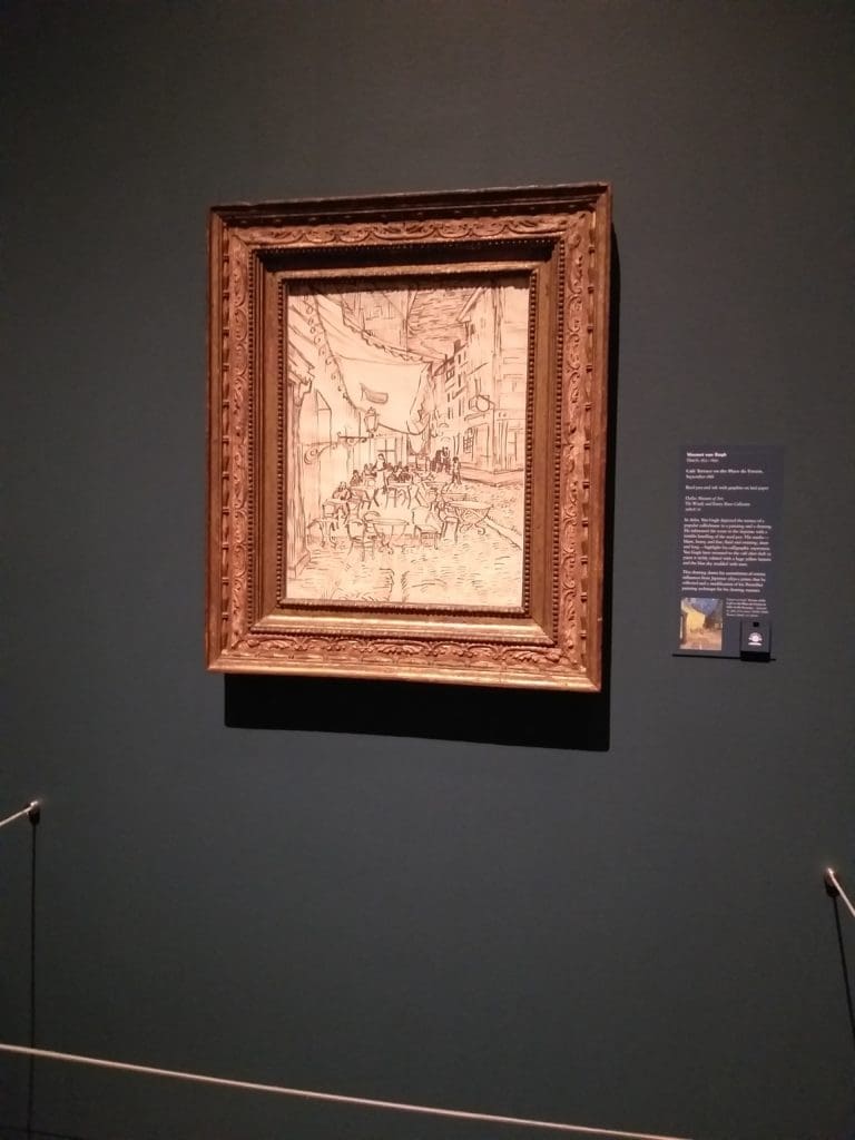 A tour de force Van Gogh drawing in the MFAH show: Café Terrace on the Place du Forum," painted in Arles, 1888. The media — reed pen and ink, with graphite. 