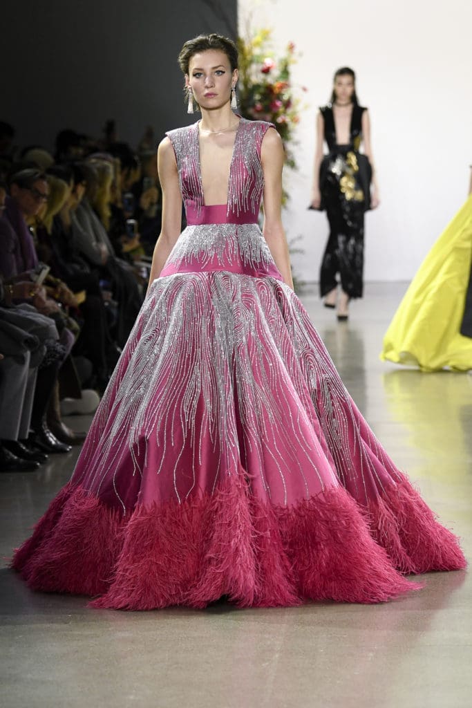  Bibhu Mohapatra fuchsia silk gabardine Preciosa crystal embroidered gown with feather hem (Photo by Bibhu Mohapatra)